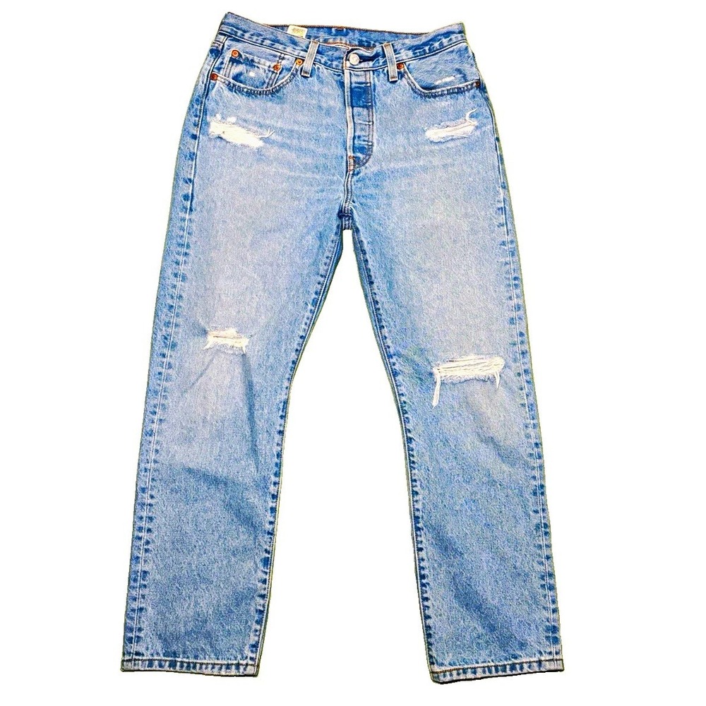 Levi's Women's Straight Jeans Fit Mid Rise Blue Light Wash Distressed